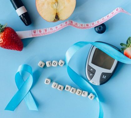 A photo that reads 'stop diabetes' with a measuring tape and fruit.