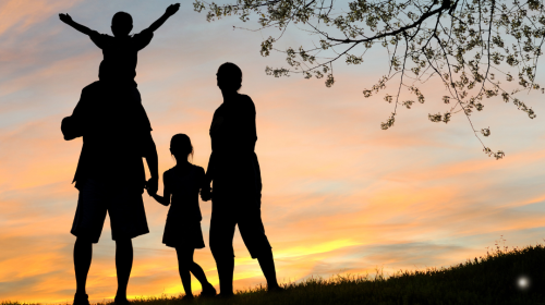 happy family, father, mother, son and daughter in nature, sunset